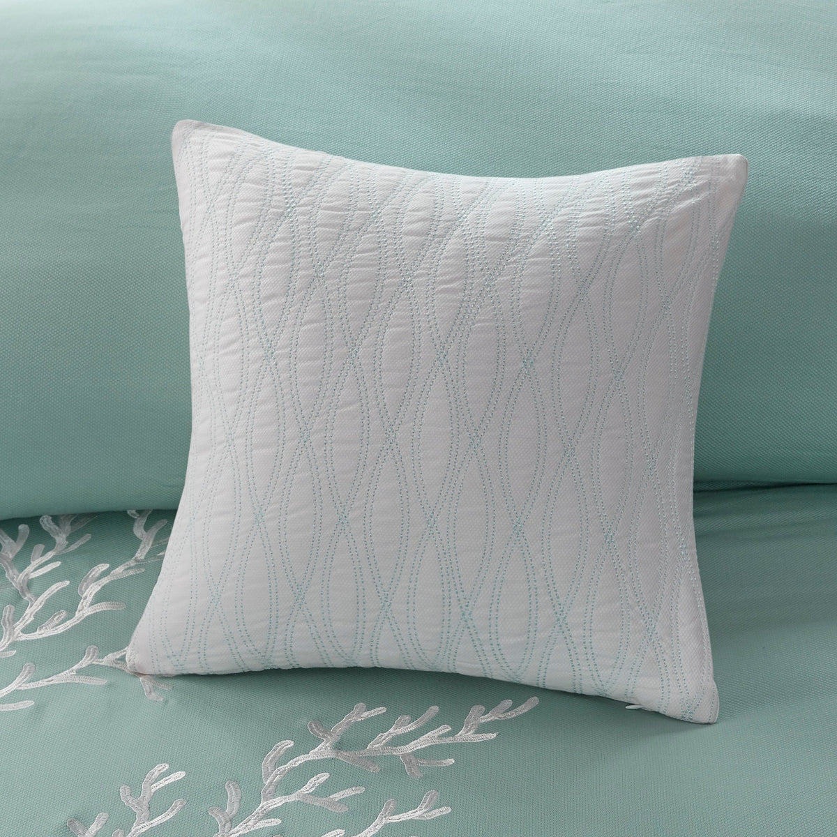 Aqua Duvet Cover Mini Set with White Coral Embroidery - King/Cal King