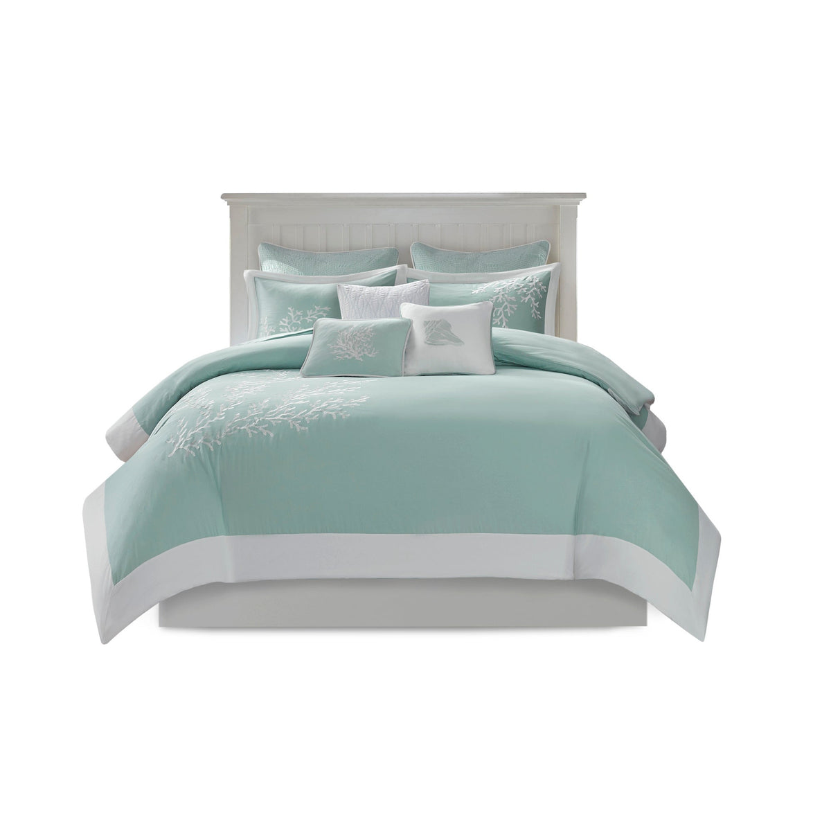 Aqua Duvet Cover Mini Set with White Coral Embroidery - King/Cal King