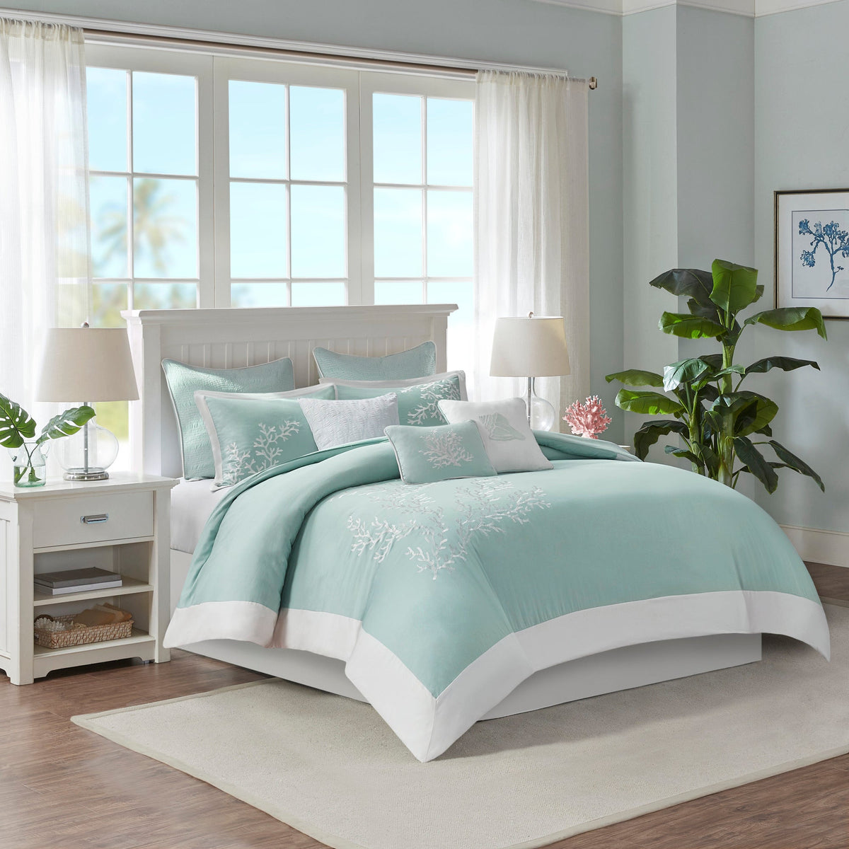 Aqua Duvet Cover Mini Set with White Coral Embroidery - King/Cal King