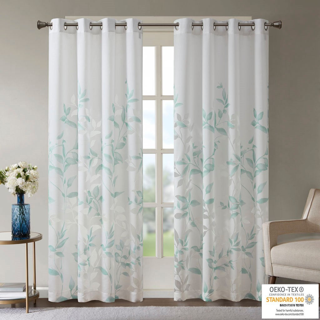 Burnout Printed Curtain Panel with Semi-Sheer Botanical Design - Aqua