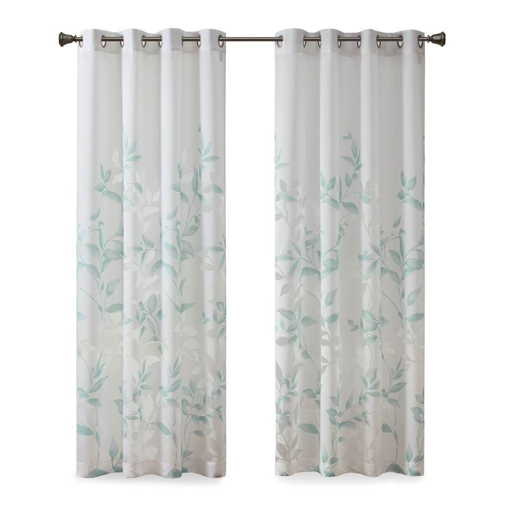 Burnout Printed Curtain Panel with Semi-Sheer Botanical Design - Aqua