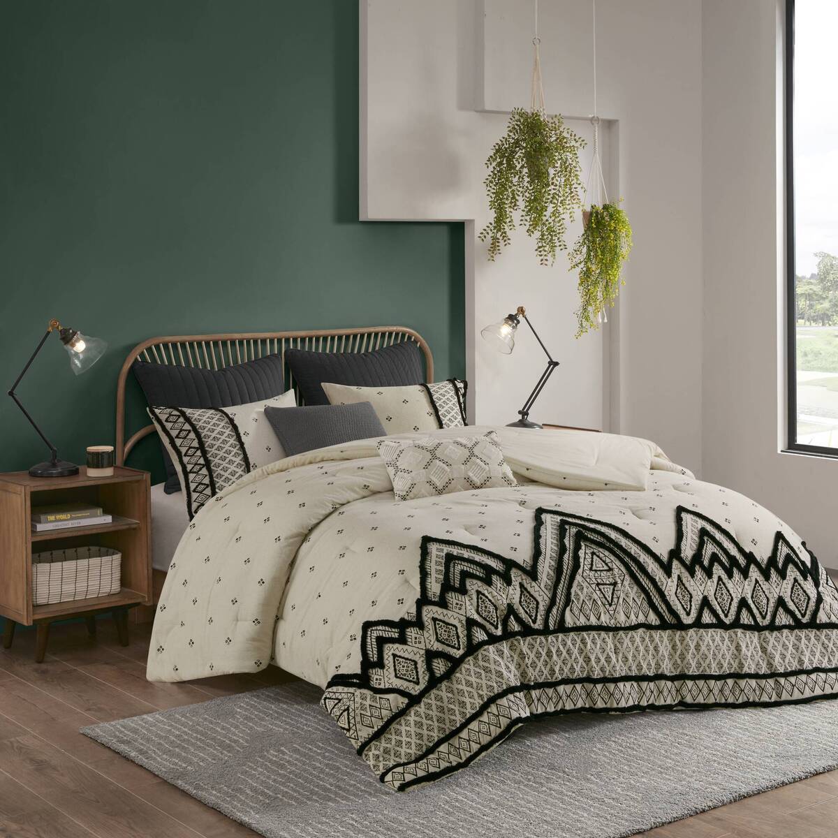 Cotton and Flax Linen Blend Comforter Set with Chenille Trim - Natural & Black