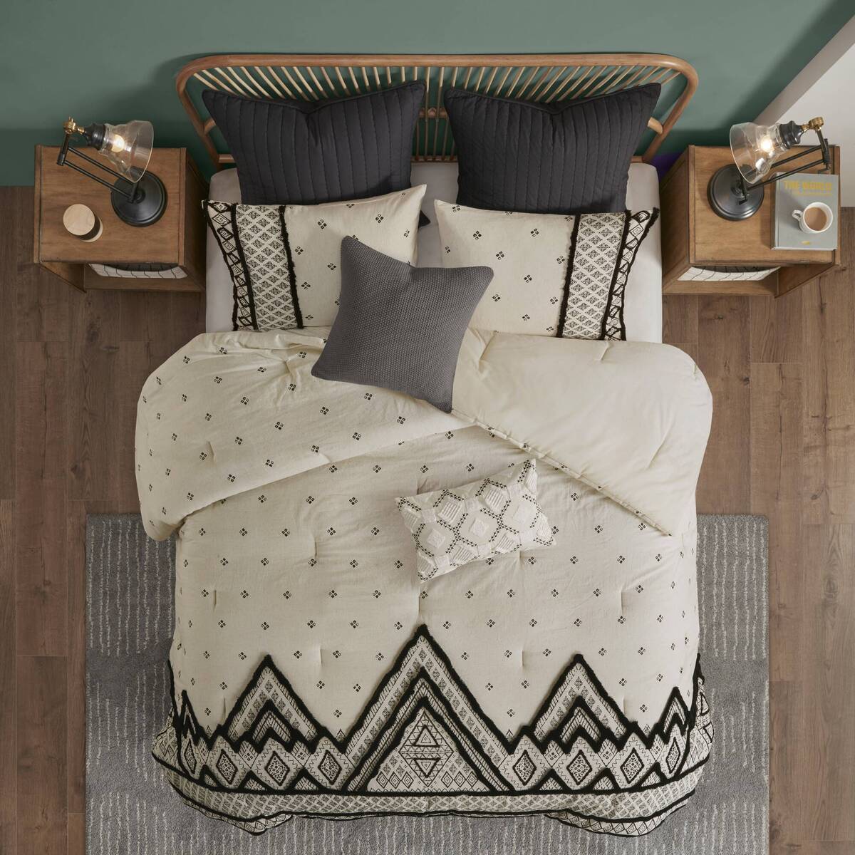 Cotton and Flax Linen Blend Comforter Set with Chenille Trim - Natural & Black