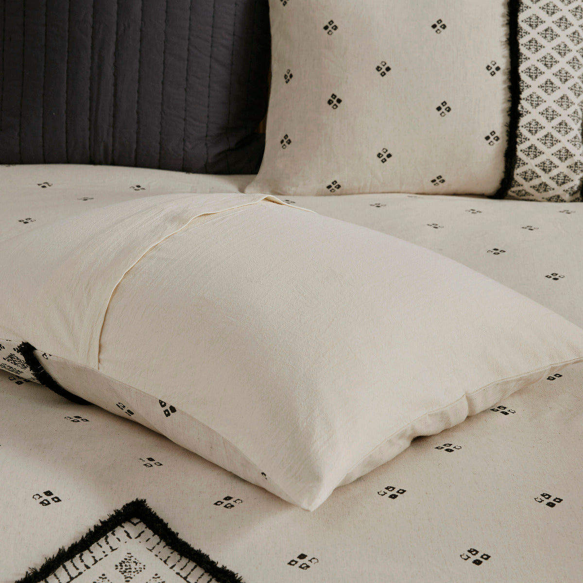 Cotton and Flax Linen Blend Comforter Set with Chenille Trim - Natural & Black