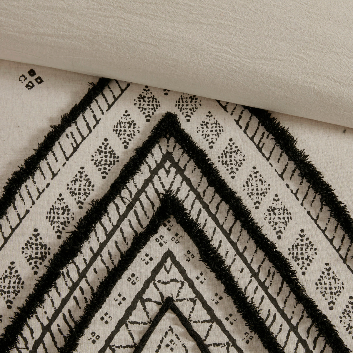 Cotton and Flax Linen Blend Comforter Set with Chenille Trim - Natural & Black