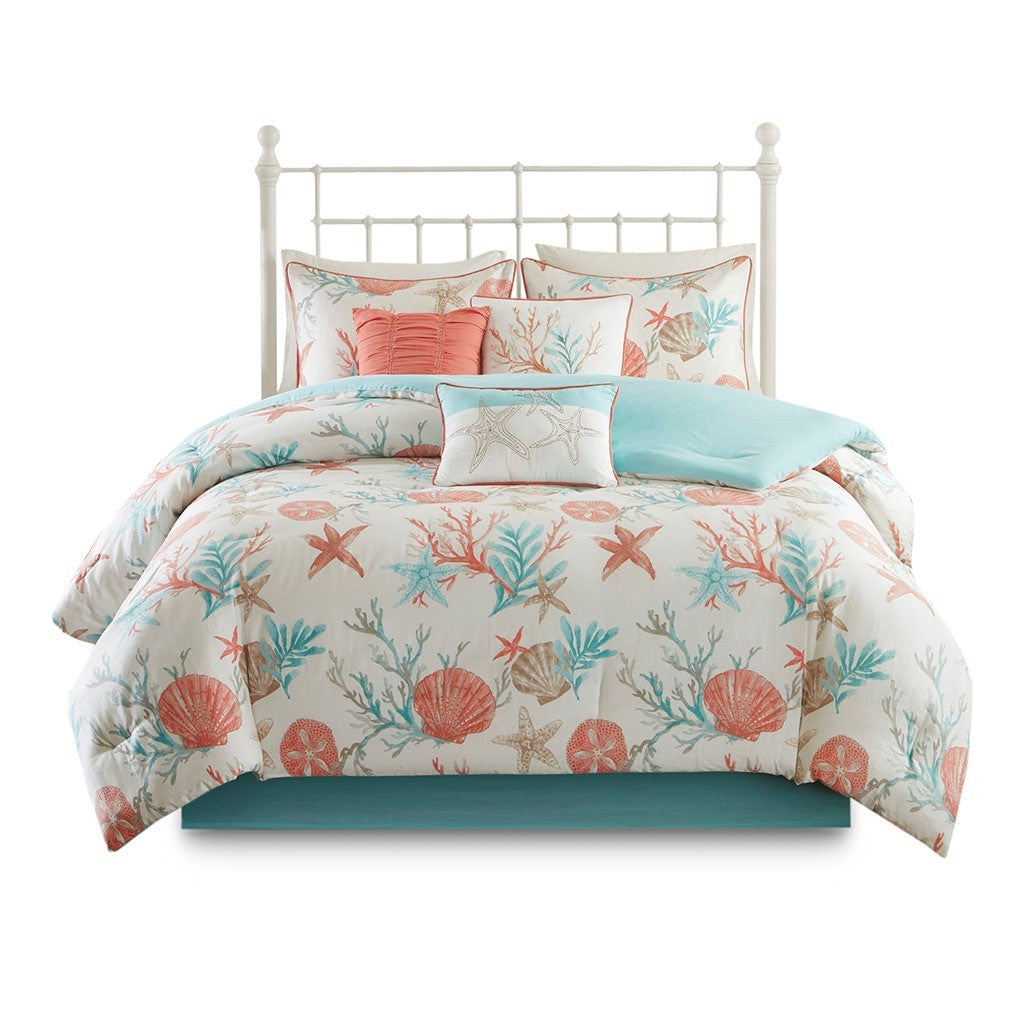 Cotton Sateen Comforter Set with Coastal Motifs - Coral