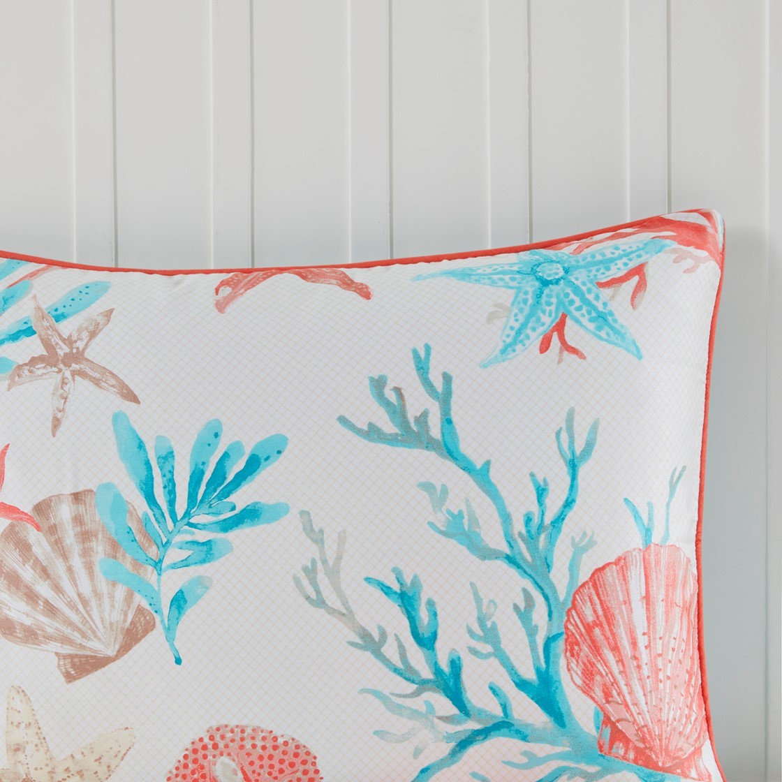 Cotton Sateen Comforter Set with Coastal Motifs - Coral