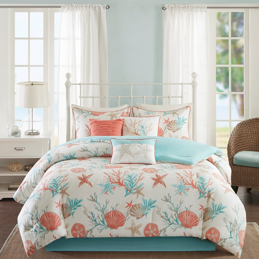 Cotton Sateen Comforter Set with Coastal Motifs - Coral