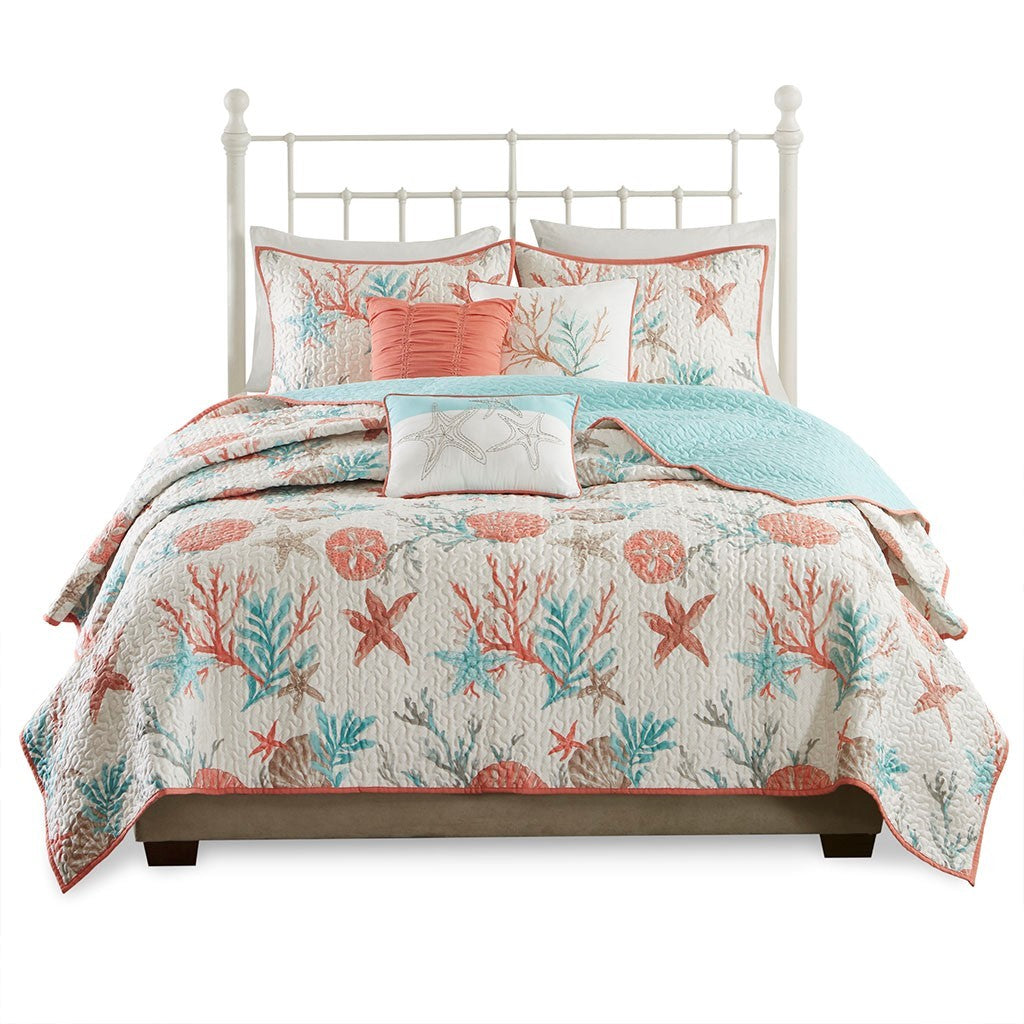Cotton Sateen Quilt Set with Decorative Throw Pillows - Coral Full/Queen