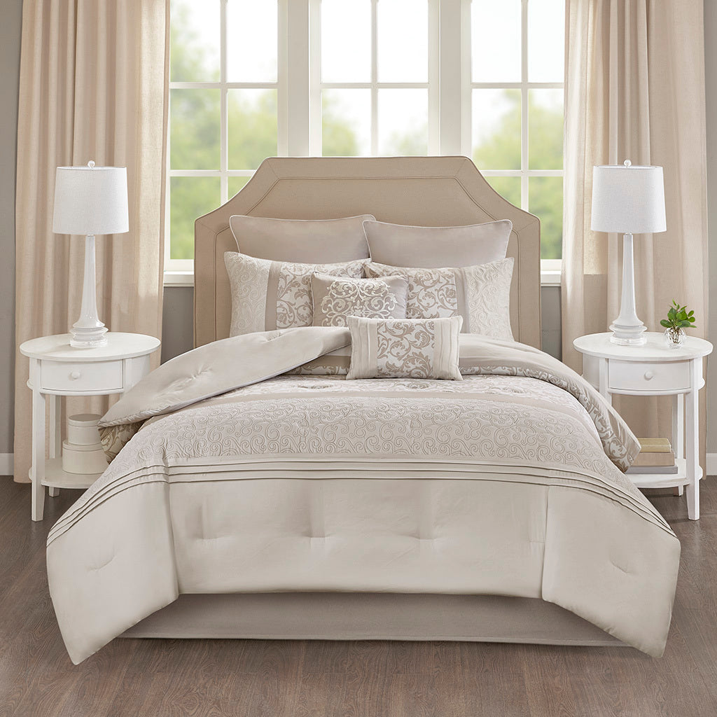 Embroidered 8 Piece Comforter Set with Hypoallergenic Fill - Neutral King