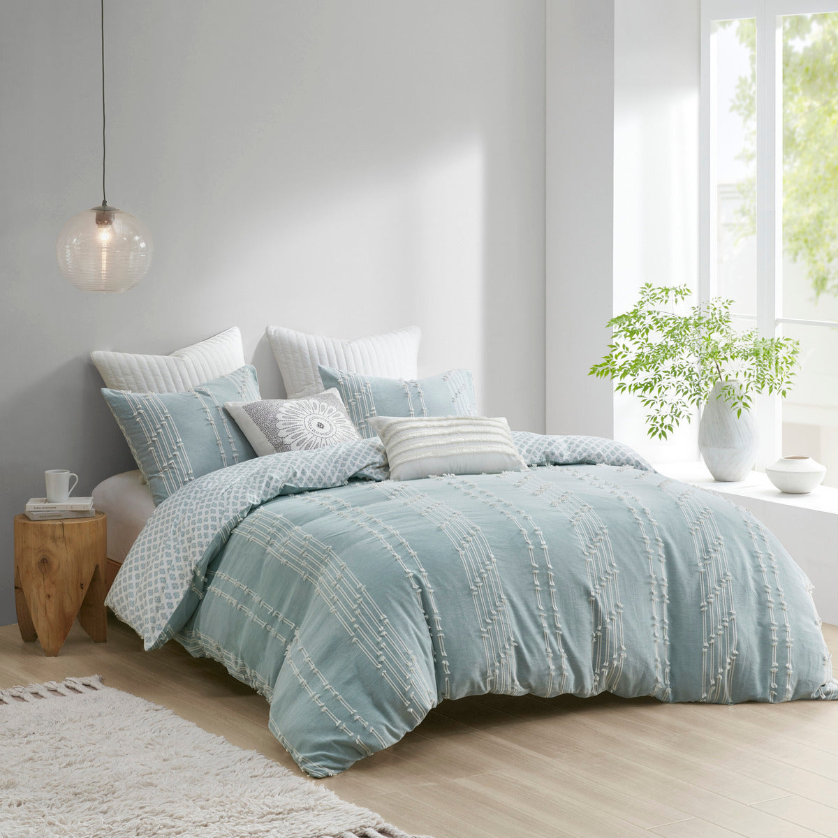Full/Queen Cotton Jacquard Duvet Cover Set with Reversible Design - Aqua/Ivory