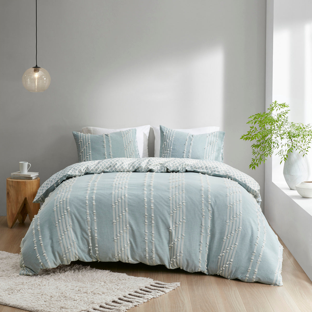 Full/Queen Cotton Jacquard Duvet Cover Set with Reversible Design - Aqua/Ivory