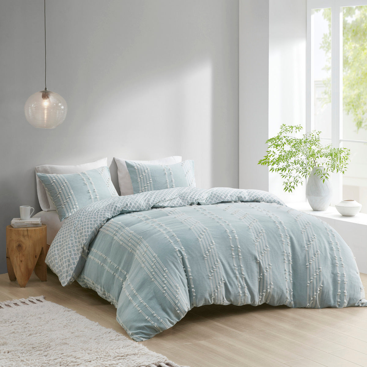 Full/Queen Cotton Jacquard Duvet Cover Set with Reversible Design - Aqua/Ivory