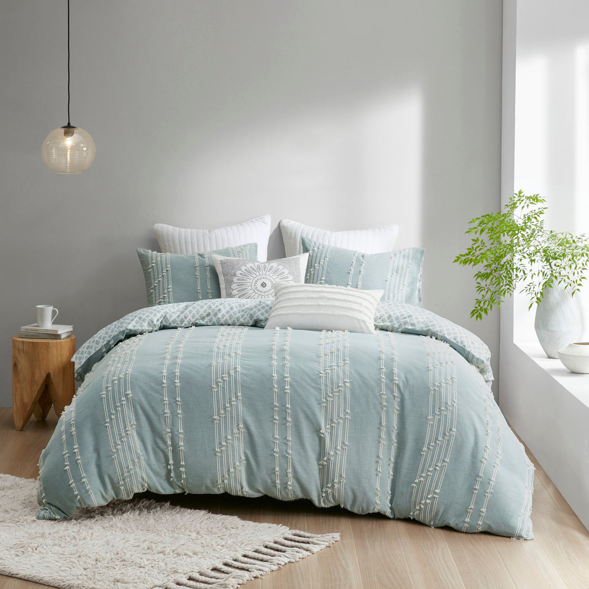 Full/Queen Cotton Jacquard Duvet Cover Set with Reversible Design - Aqua/Ivory