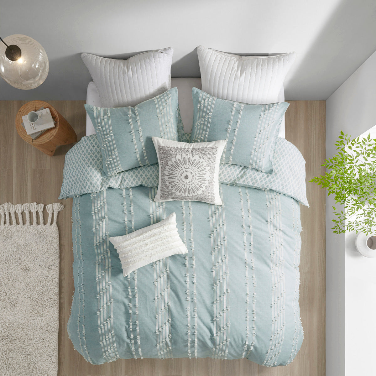 Full/Queen Cotton Jacquard Duvet Cover Set with Reversible Design - Aqua/Ivory