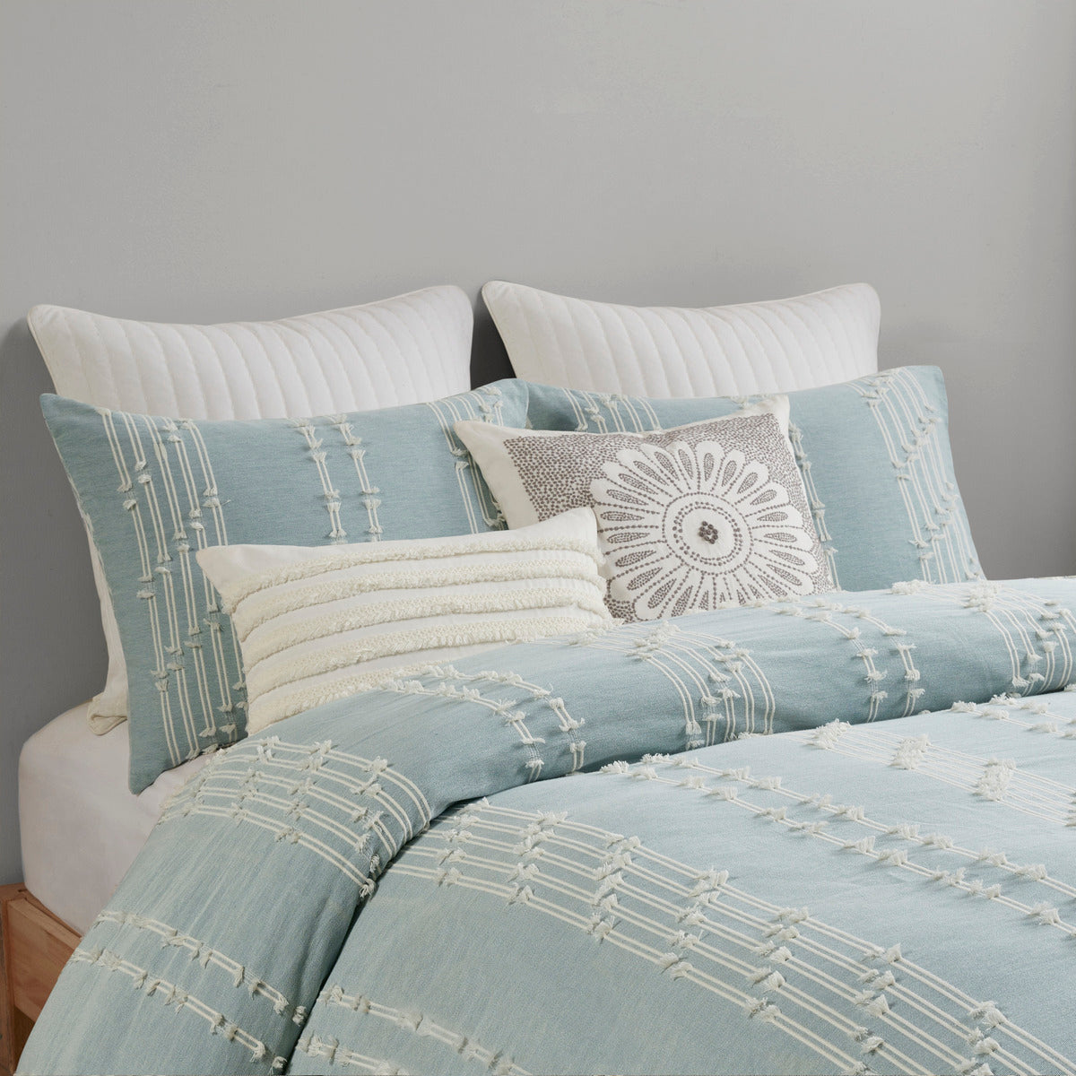 Full/Queen Cotton Jacquard Duvet Cover Set with Reversible Design - Aqua/Ivory