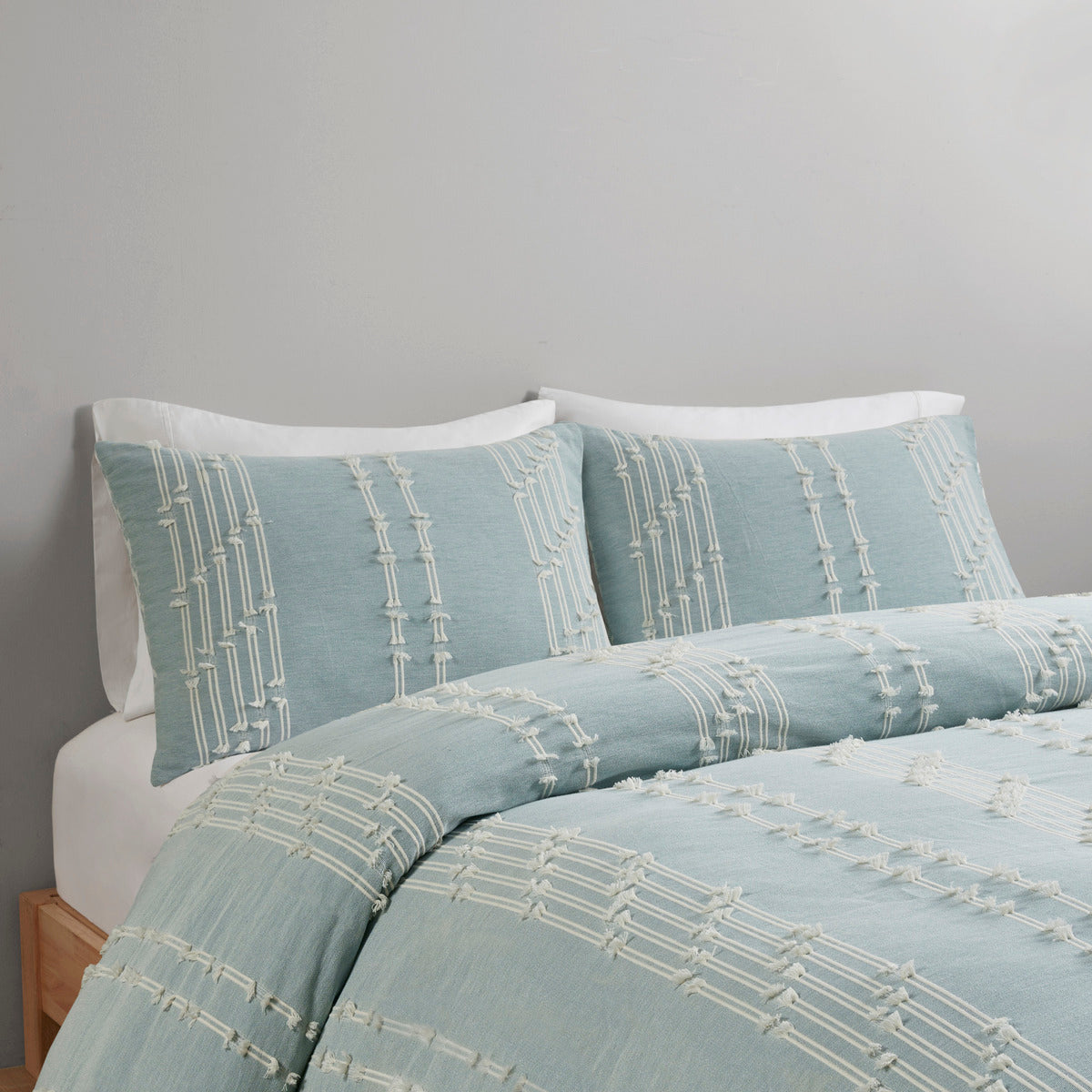 Full/Queen Cotton Jacquard Duvet Cover Set with Reversible Design - Aqua/Ivory