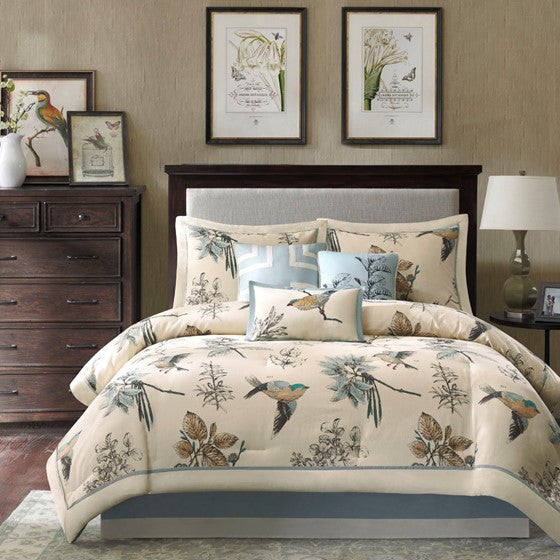 Khaki Printed Cotton Twill Comforter Set with Leaf & Bird Print - 7 Piece Cal King