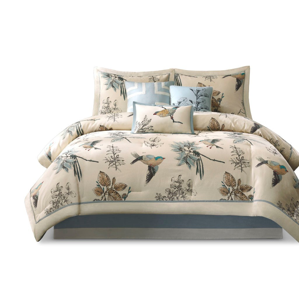 Khaki Printed Cotton Twill Comforter Set with Leaf & Bird Print - 7 Piece Cal King