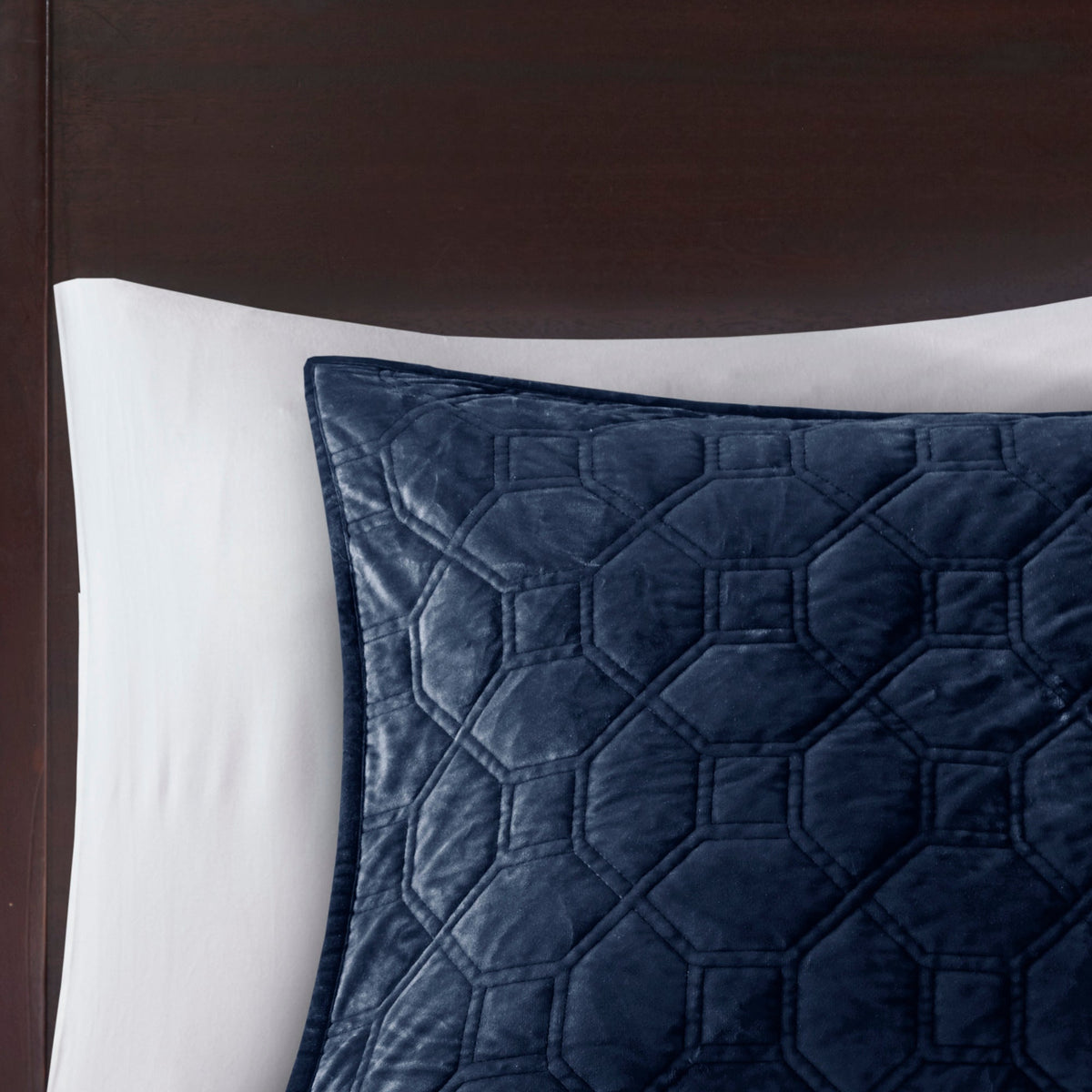 Navy Velvet King/Cal King Quilt Set with Geometric Stitching – 3 Piece