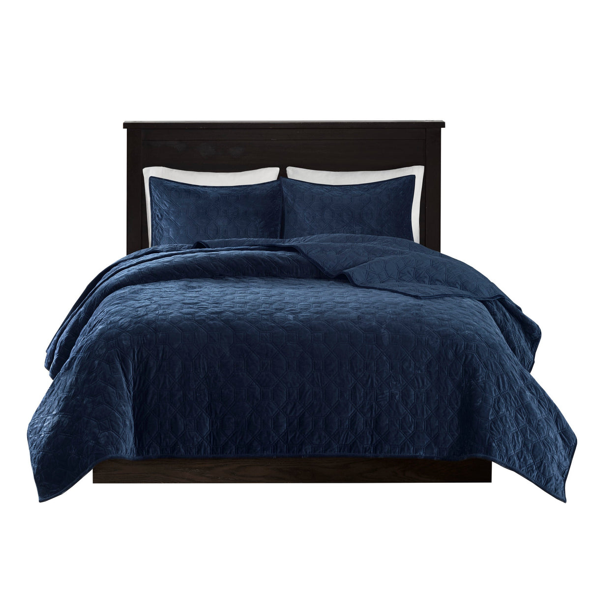 Navy Velvet King/Cal King Quilt Set with Geometric Stitching – 3 Piece
