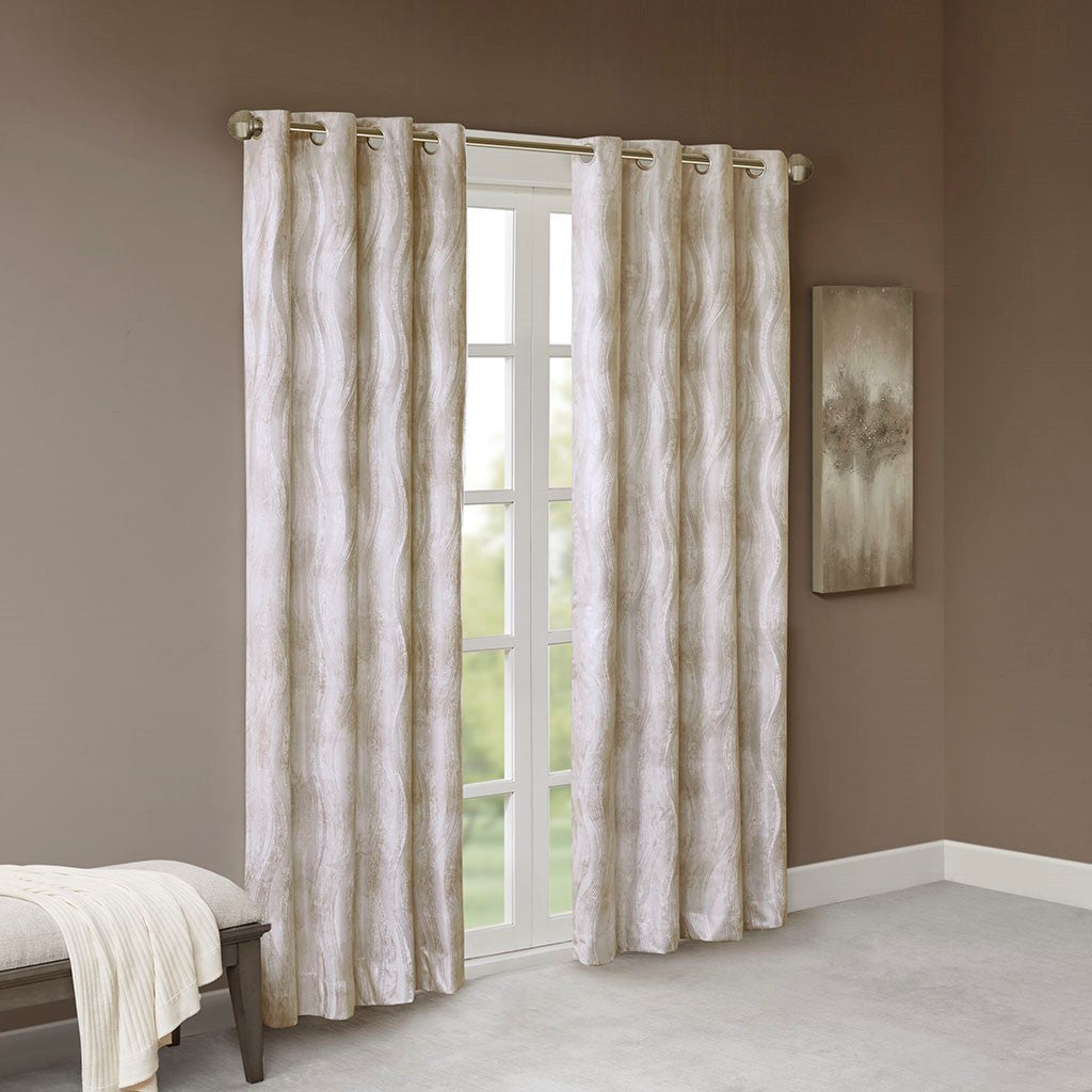 Printed Jacquard Grommet Top Total Blackout Curtain Panel - Beige