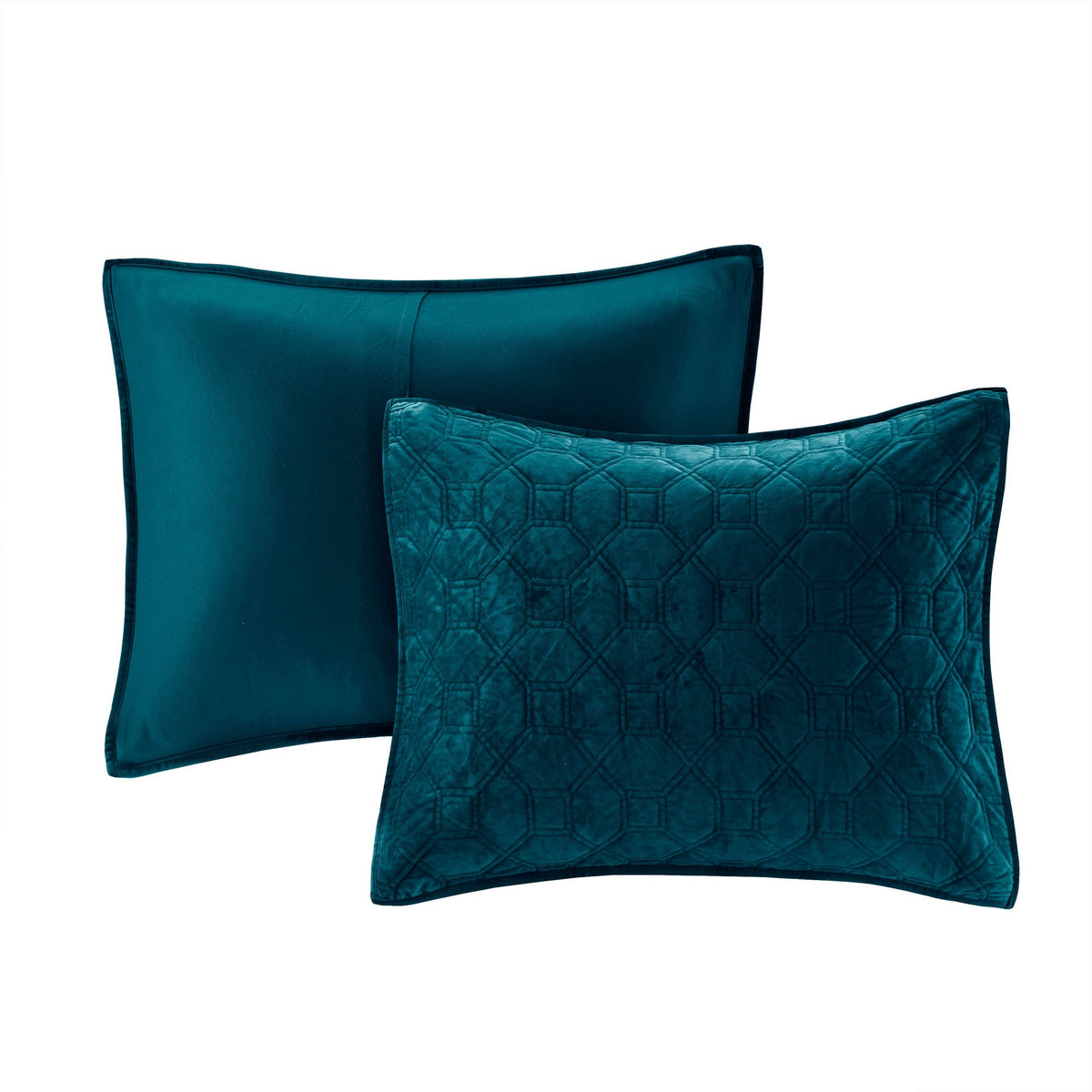 Teal Velvet 3 Piece Quilt Set with Geometric Quilting - Full/Queen