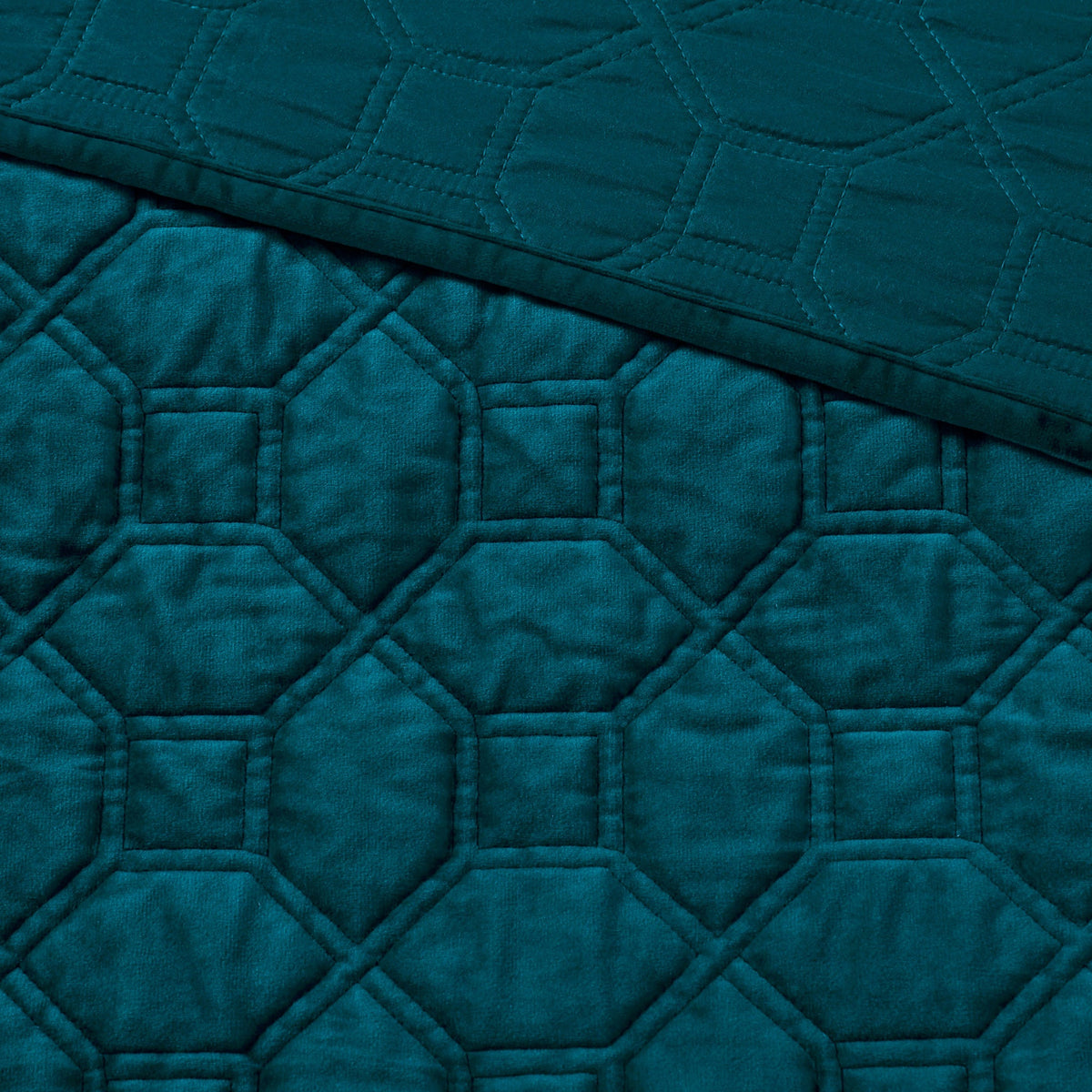 Teal Velvet 3 Piece Quilt Set with Geometric Quilting - Full/Queen