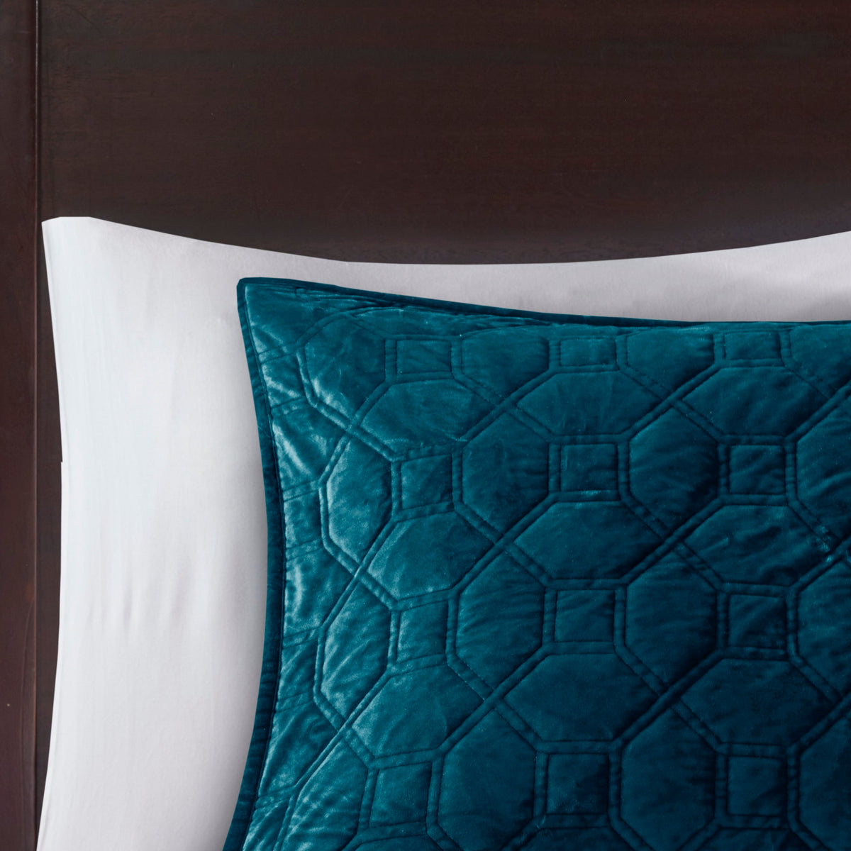 Teal Velvet 3 Piece Quilt Set with Geometric Quilting - Full/Queen