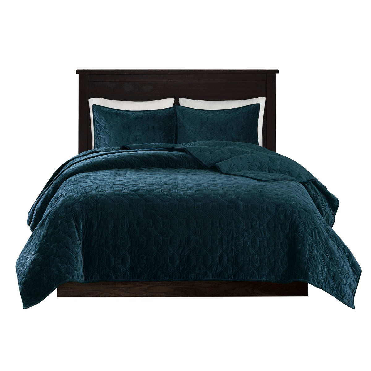 Teal Velvet 3 Piece Quilt Set with Geometric Quilting - Full/Queen