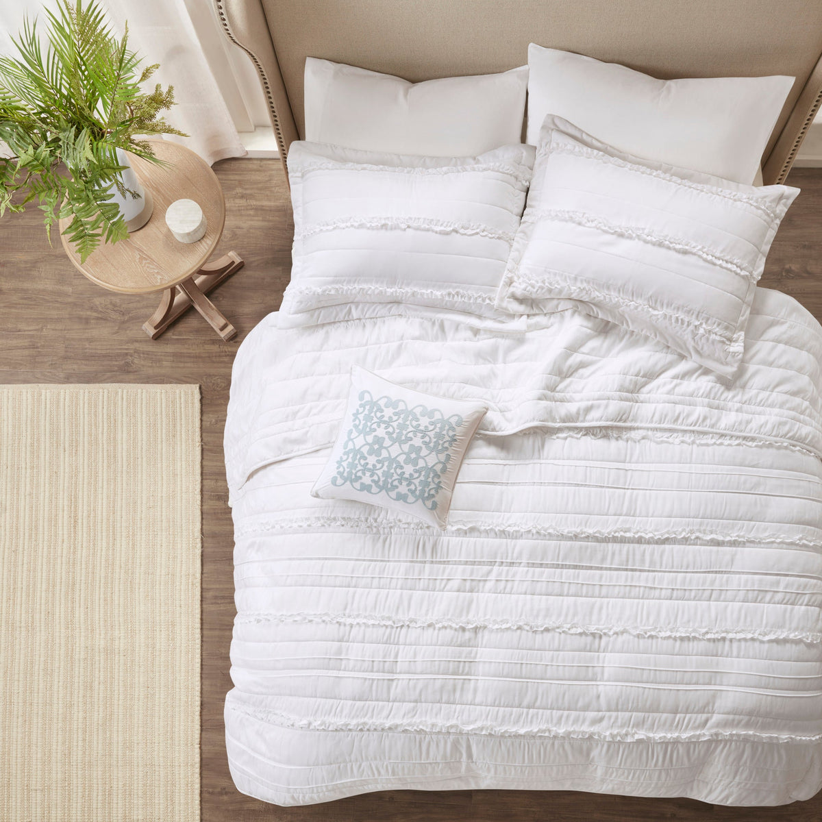 White Reversible Ruffle Quilt Set with Embroidered Throw Pillow - King/Cal King