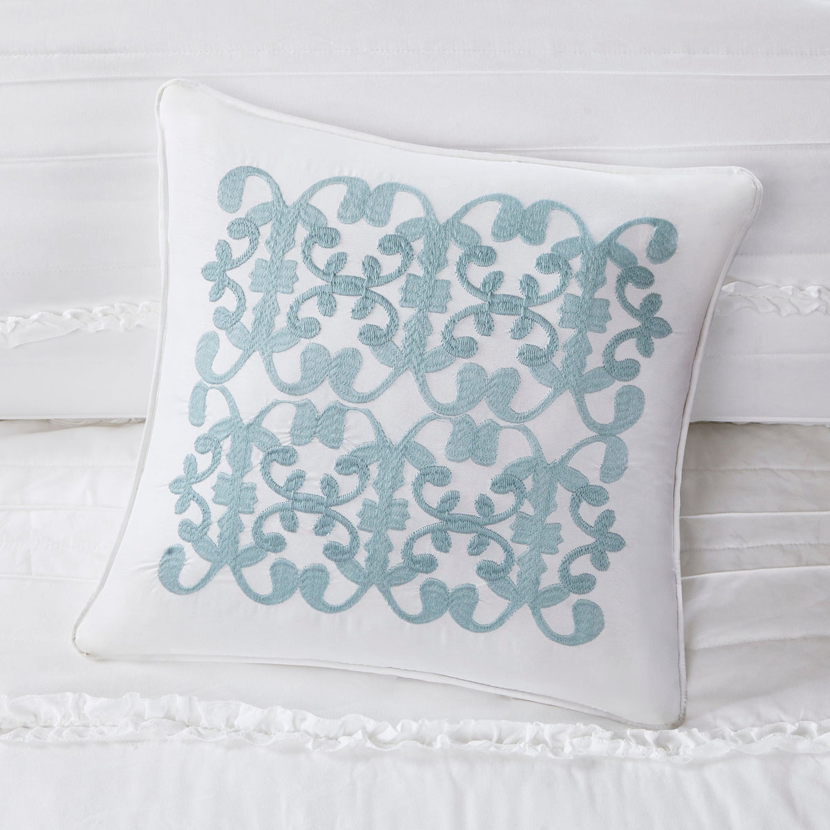 White Reversible Ruffle Quilt Set with Embroidered Throw Pillow - King/Cal King