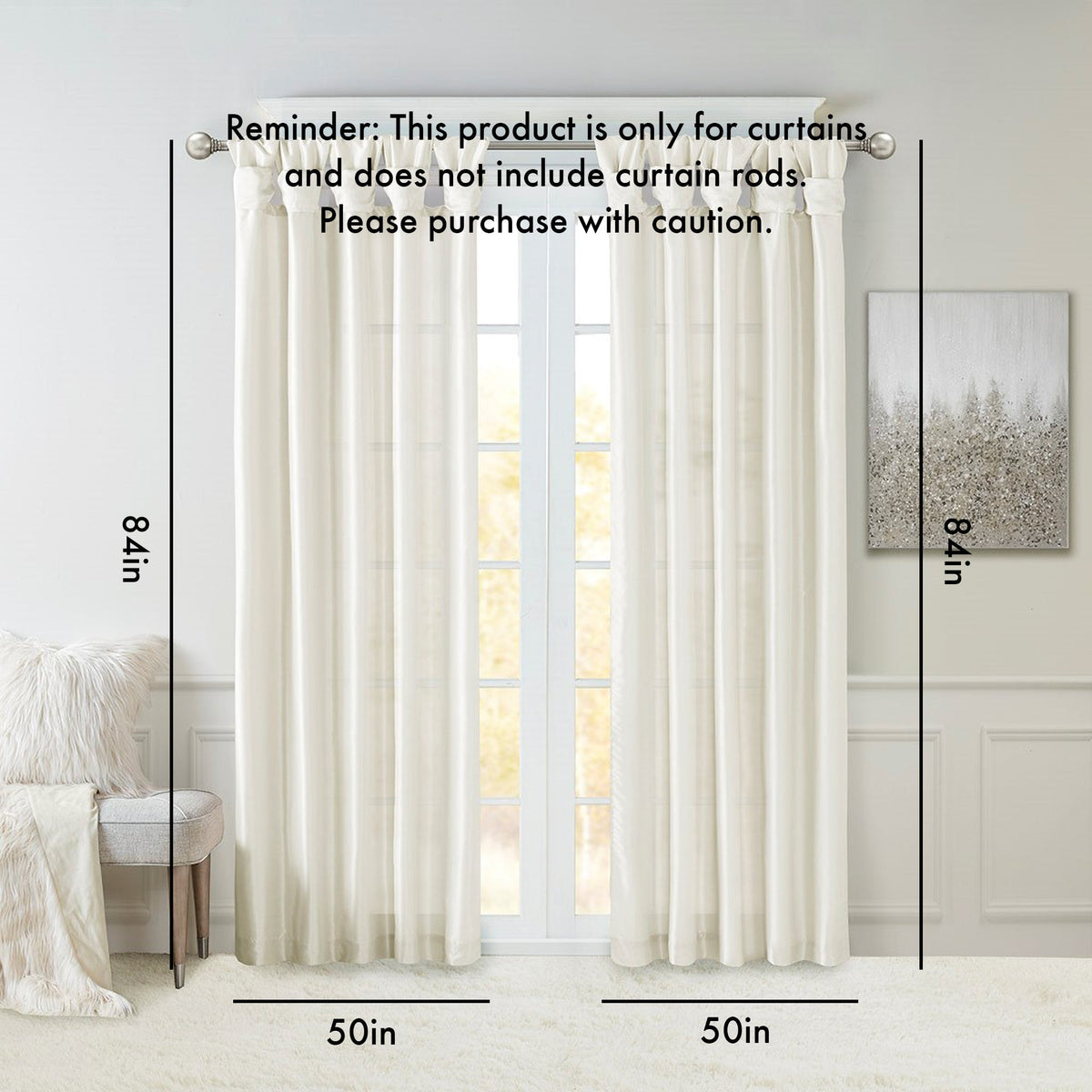 White Twist Tab Lined Window Curtain Panel with Privacy Lining - 50