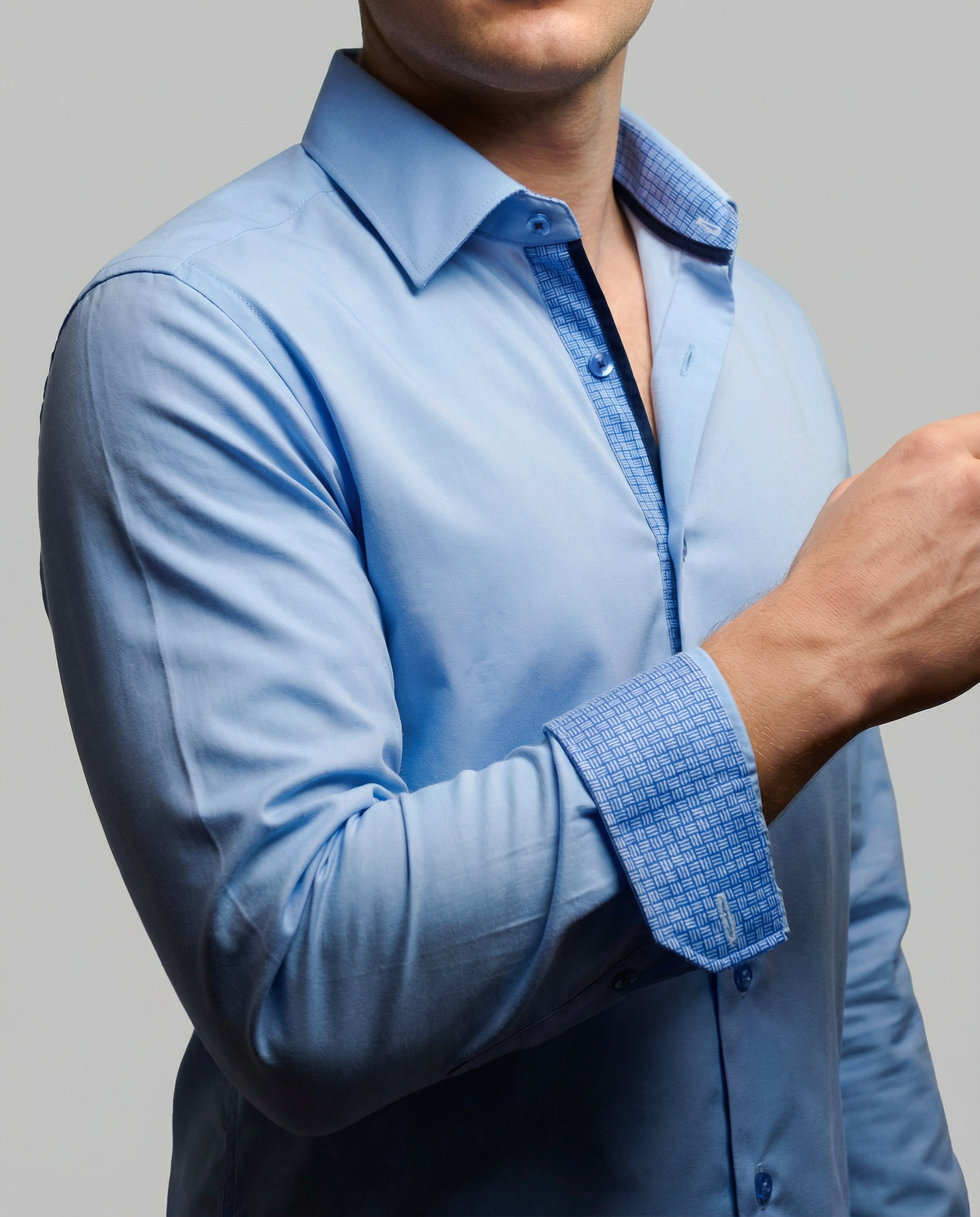 Levy// Cotton Knit-Stretch Button-Up Shirt With Contrast Details // Blue // Tailored Fit (Fitted)
