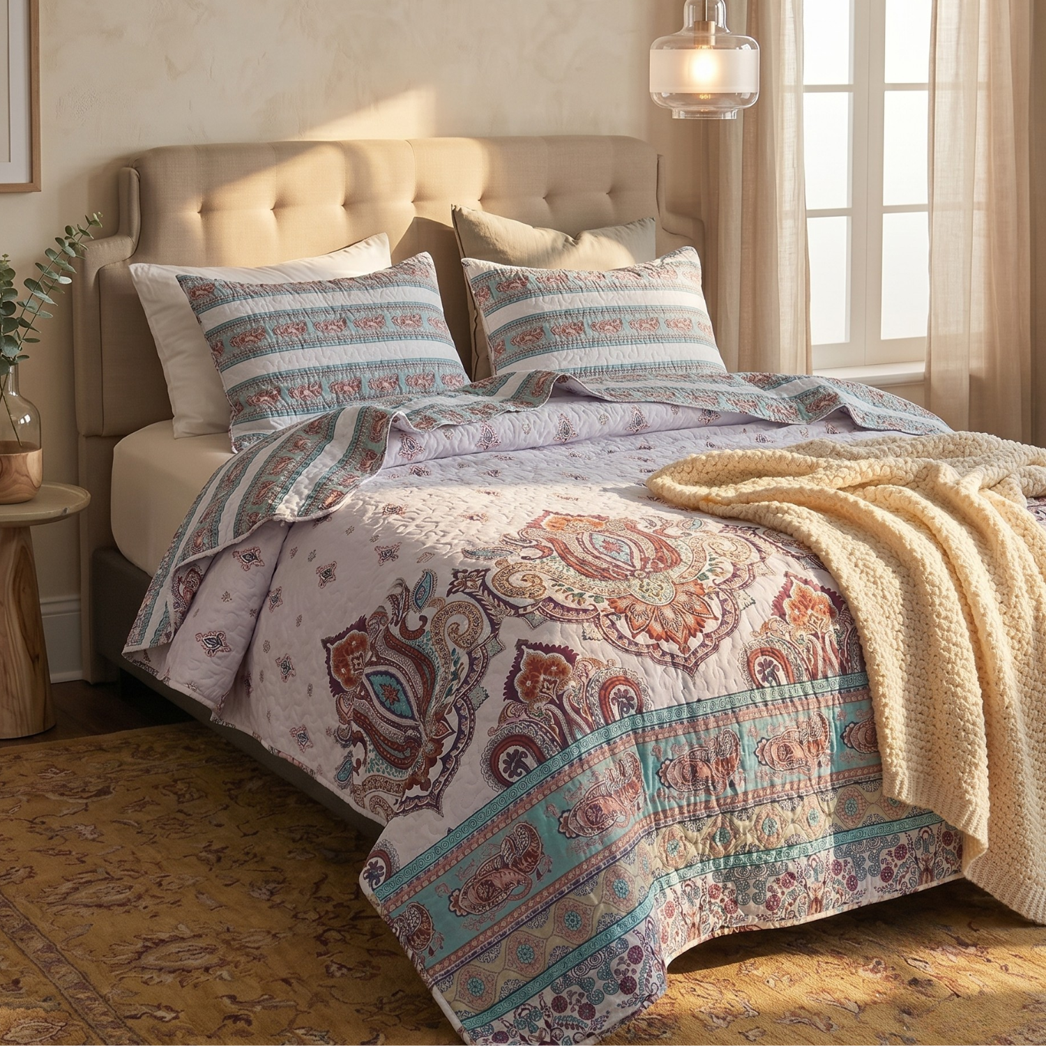 DaDa Bedding Bohemian Summertime White Blue Floral Paisley Bedspread Set (KSX-003)