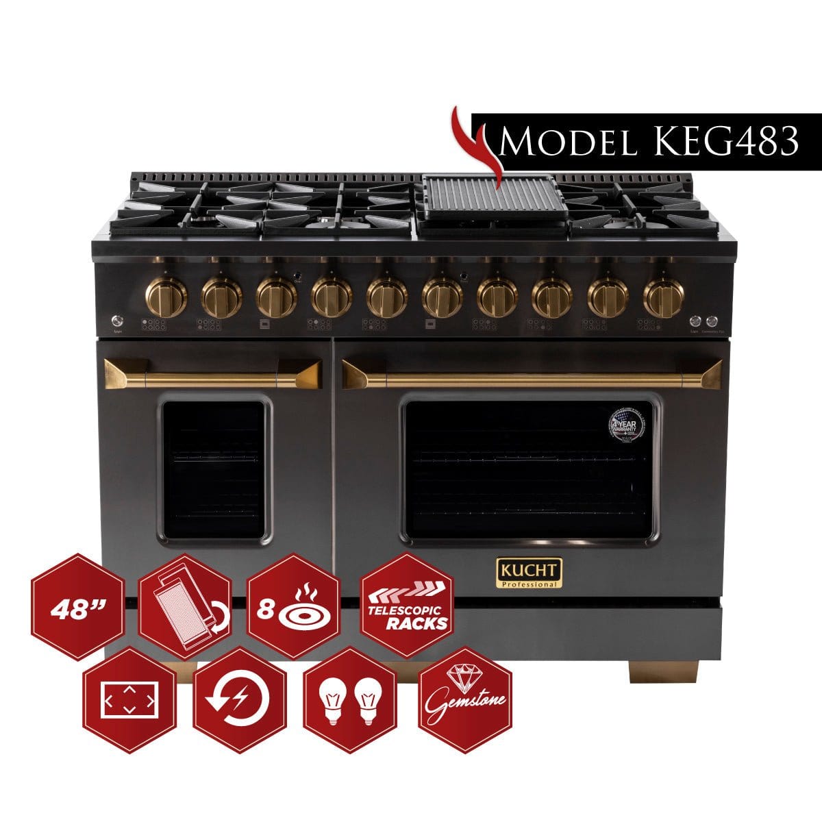 Kucht Gemstone Professional 48 in. 6.7 cu. ft. Propane Gas Range with Sealed Burners, Griddle/Grill and Two Ovens - One Convection - in Titanium Stainless Steel KEG483/LP