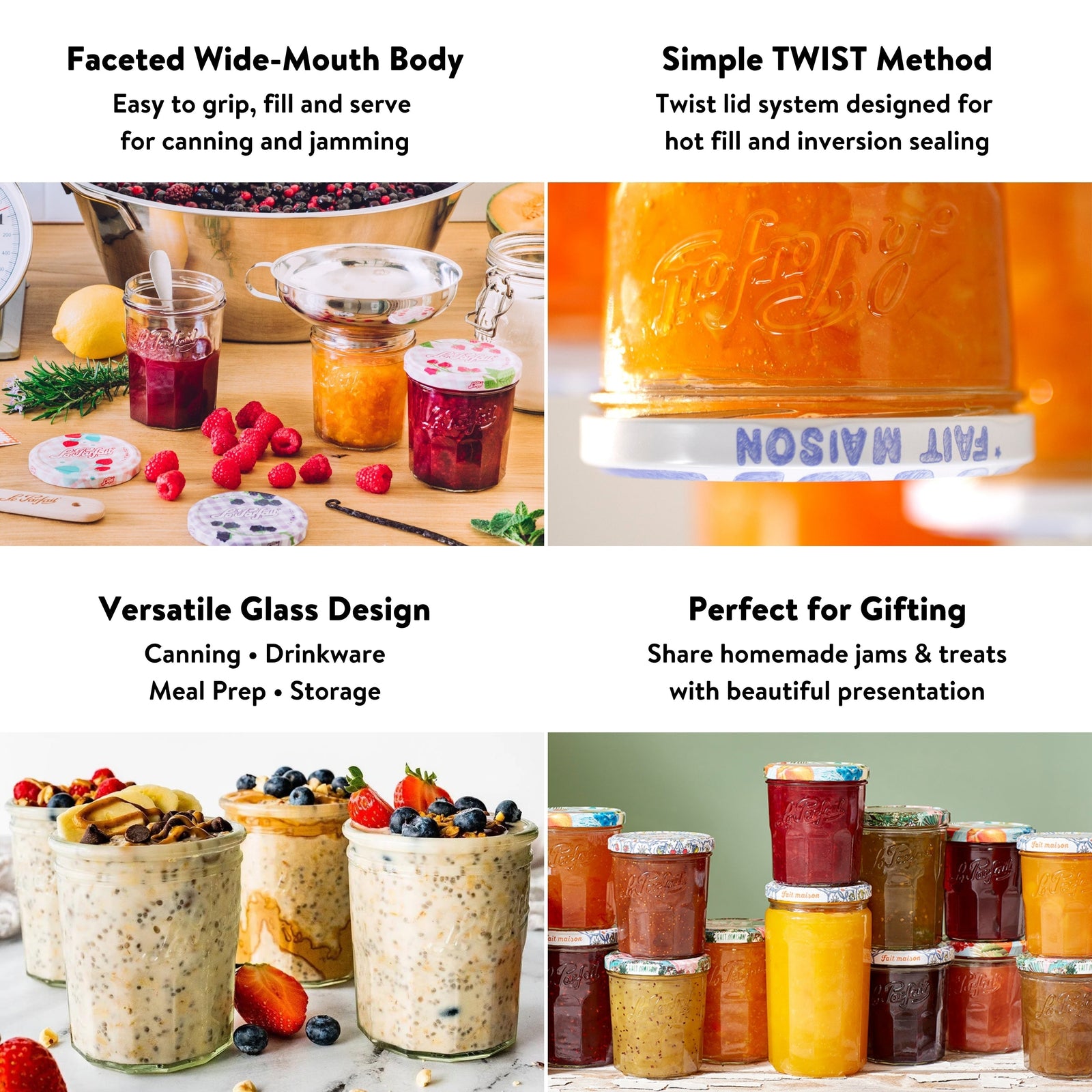 Le Parfait Jam Jars, French Glass Jars with 82mm Twist Lids for Jam and Preserves