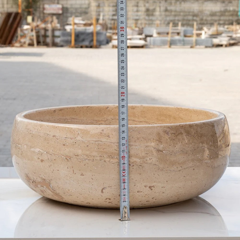 Light Beige Travertine Natural Stone Vessel Sink Filled and Polished  (D)16