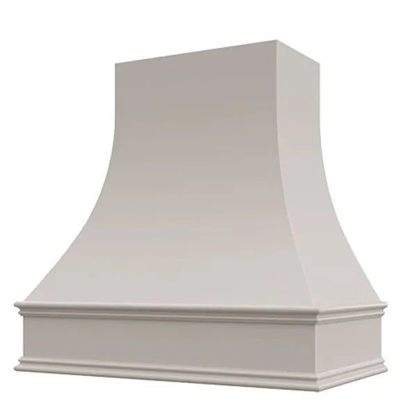 Light Grey Wood Range Hood With Curved Front and Decorative Trim - 30