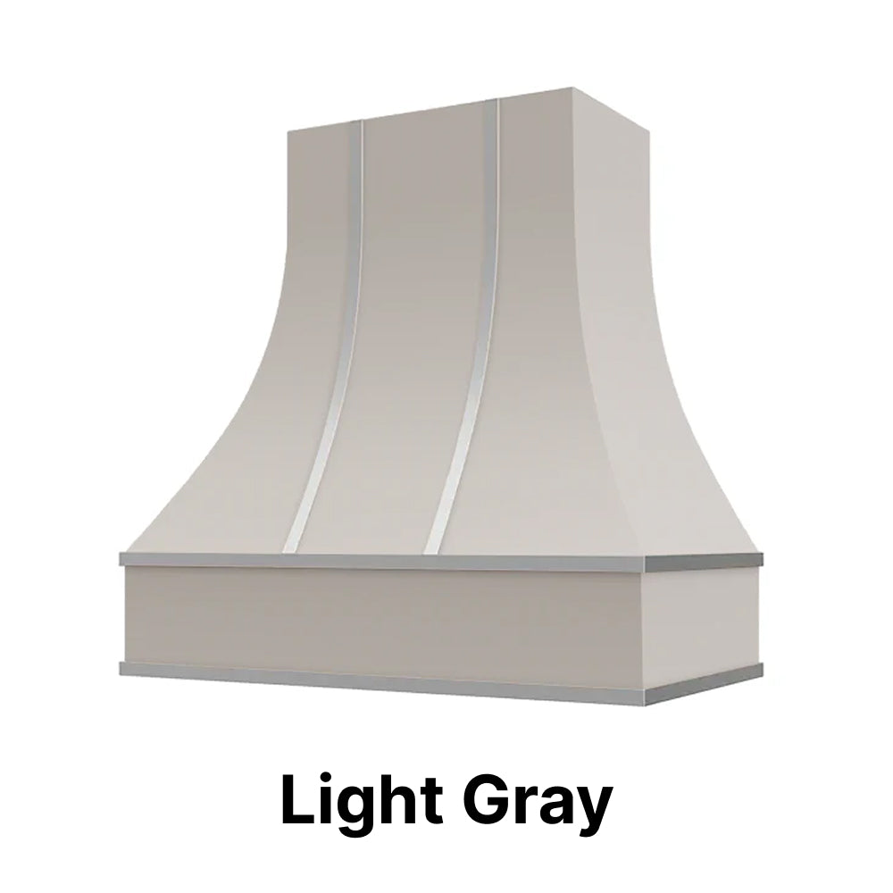 Wood Range Hood With Curved Front, Silver Strapping and Block Trim - 30