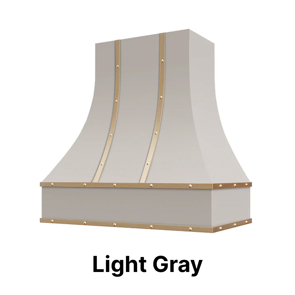 Wood Range Hood With Curved Front, Brass Strapping and Buttons - 30