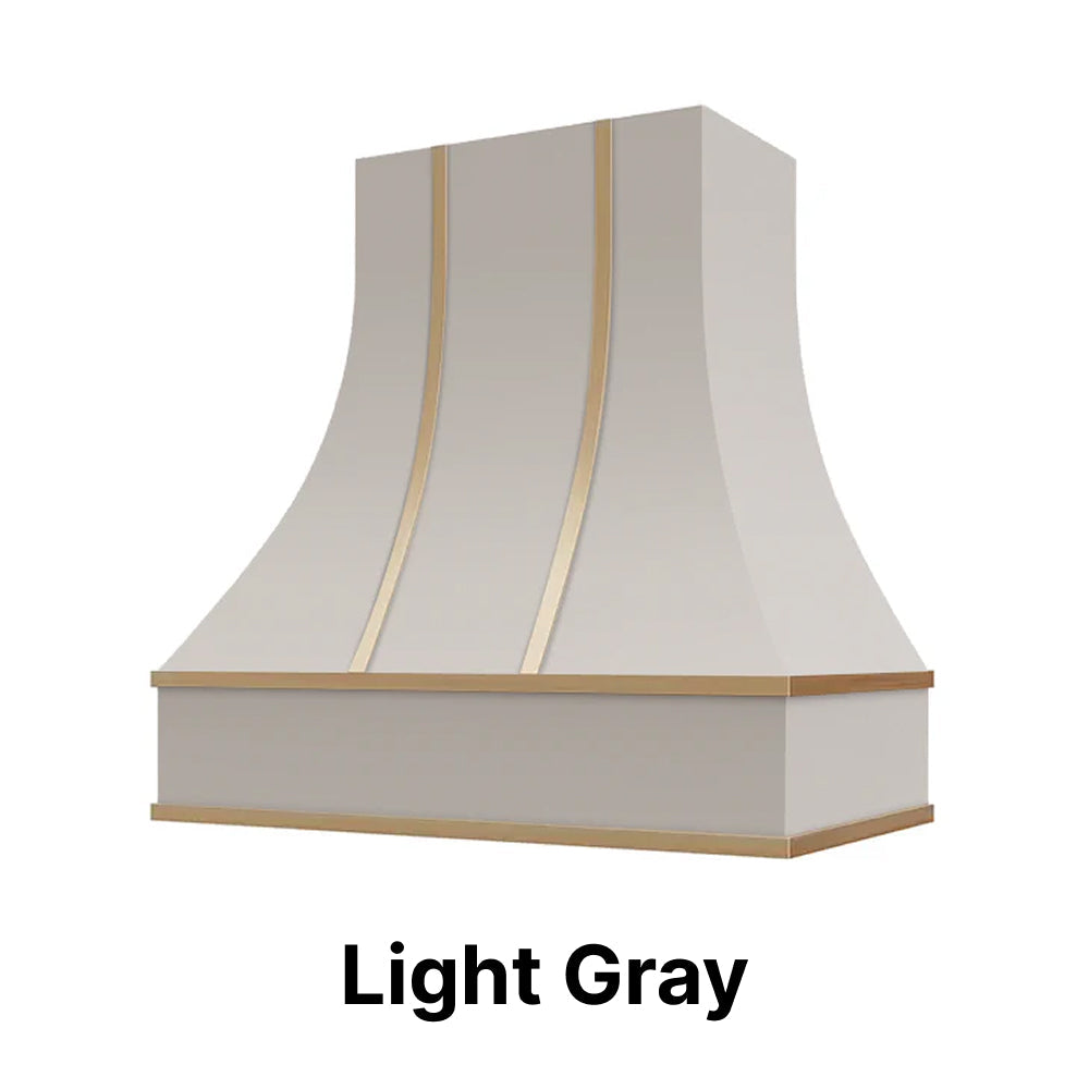 Wood Range Hood With Curved Front and Brass Strapping and Flat Trim - 30