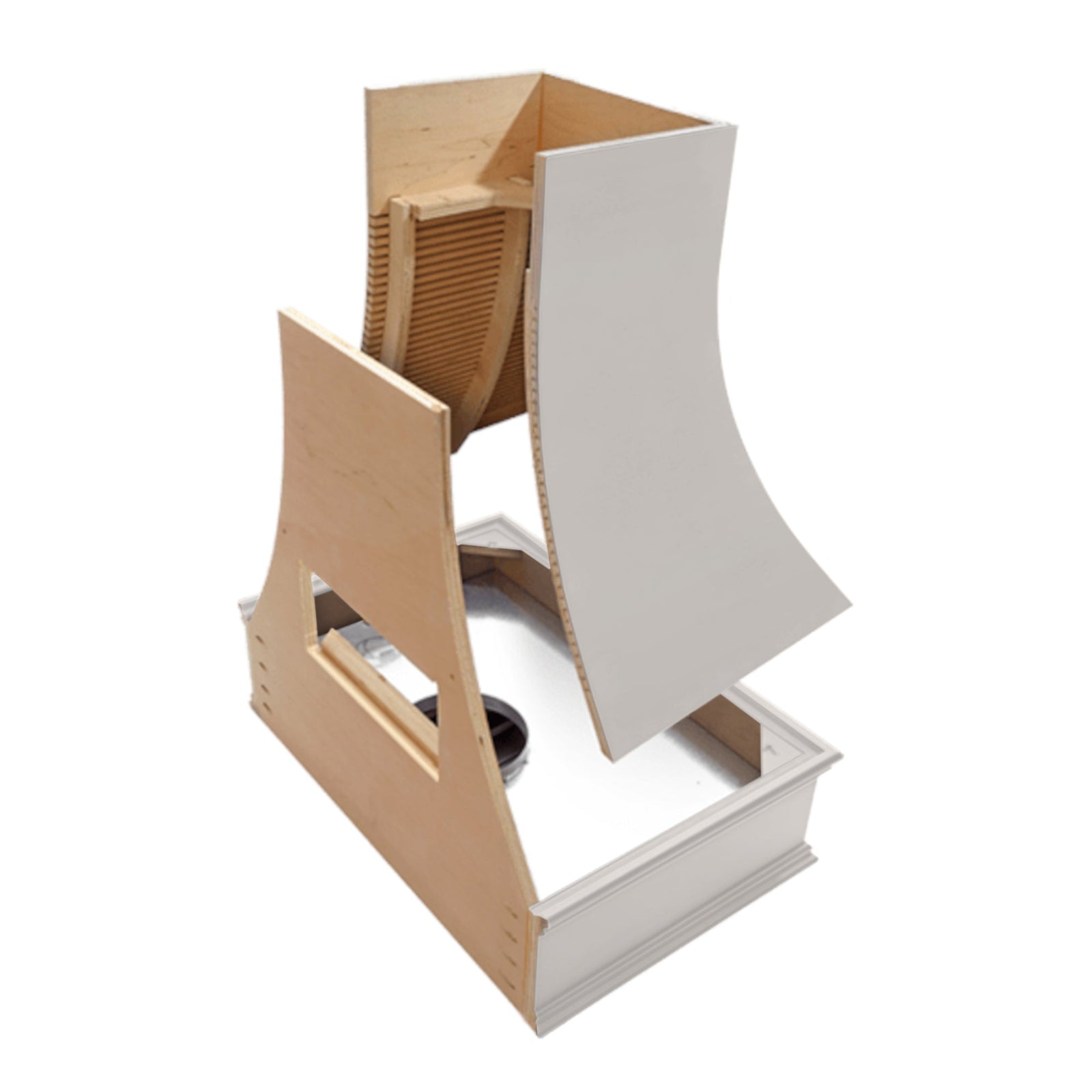 Light Grey Wood Range Hood With Curved Front and Decorative Trim - 30