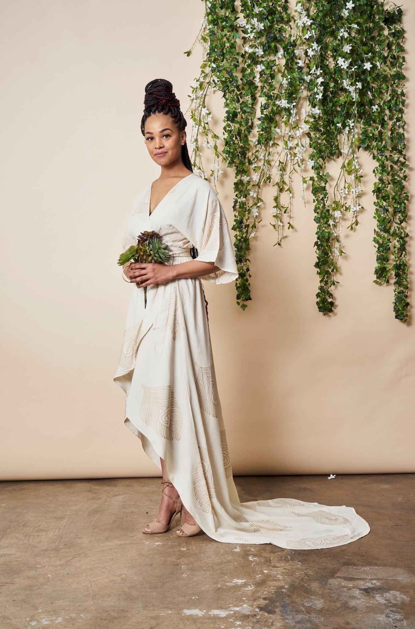 Peacock Feather Maxi Wrap Dress W/ Train in Cream + Gold