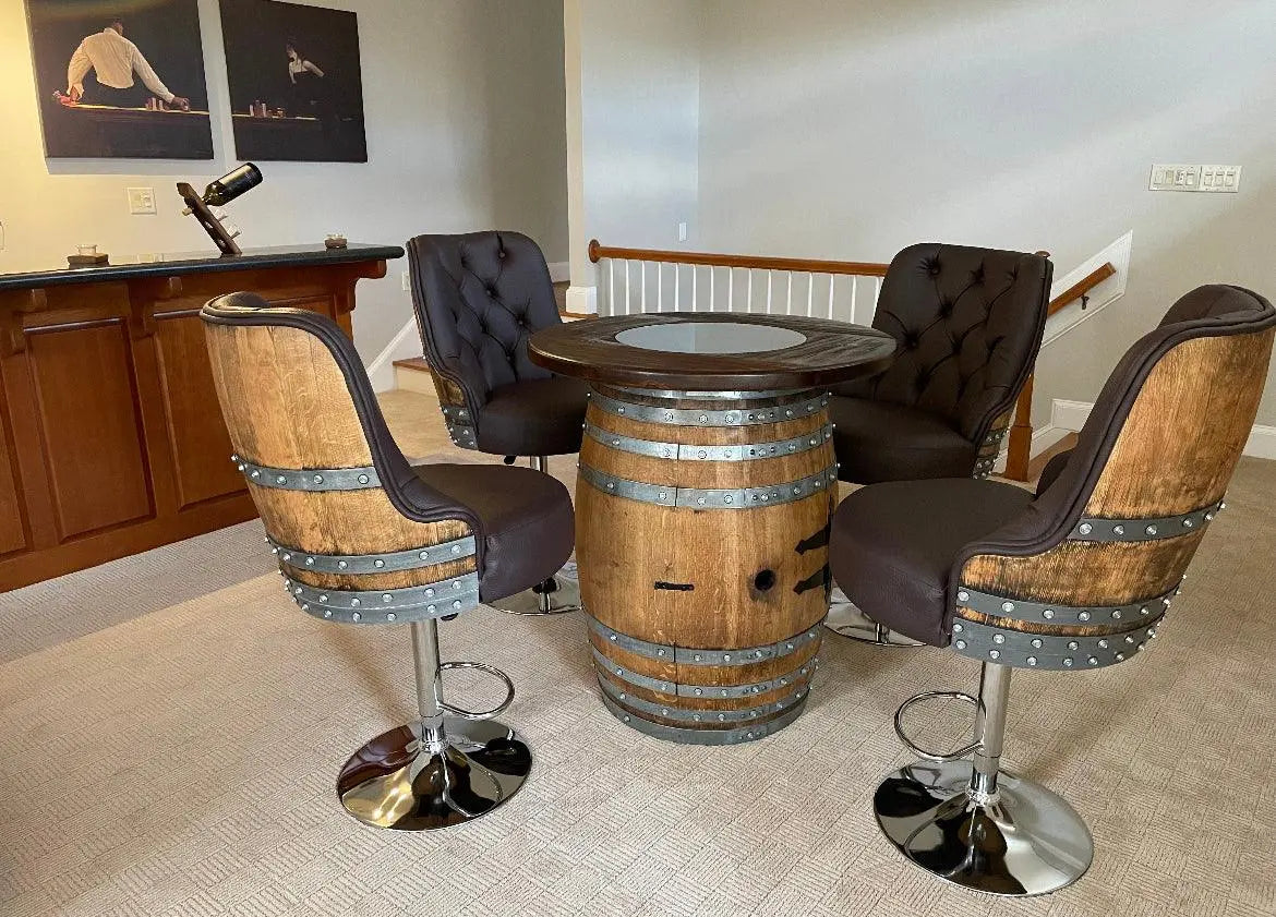 Luxury Wine Barrel Bar Set w/ Pub Table & Wine Barrel Bar Stools - Multi-Use Wine and Whiskey Home Bar Furniture