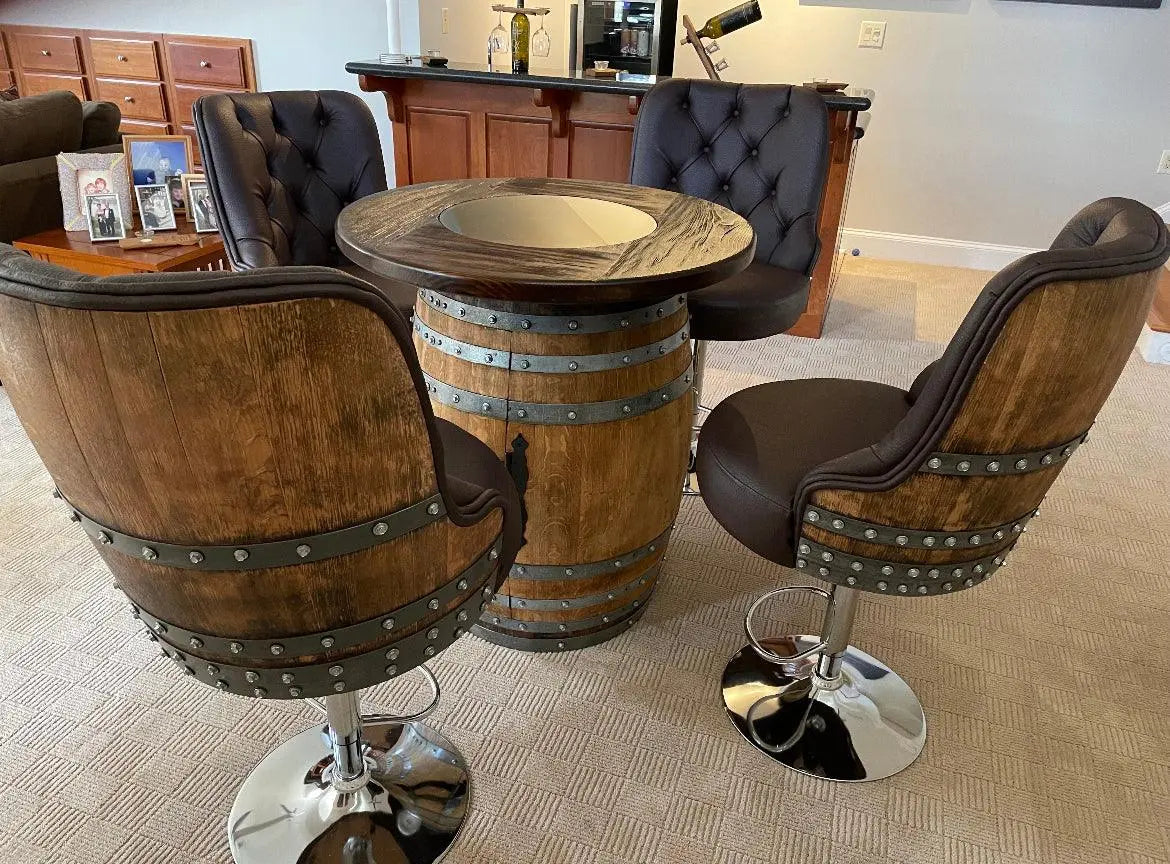 Luxury Wine Barrel Bar Set w/ Pub Table & Wine Barrel Bar Stools - Multi-Use Wine and Whiskey Home Bar Furniture