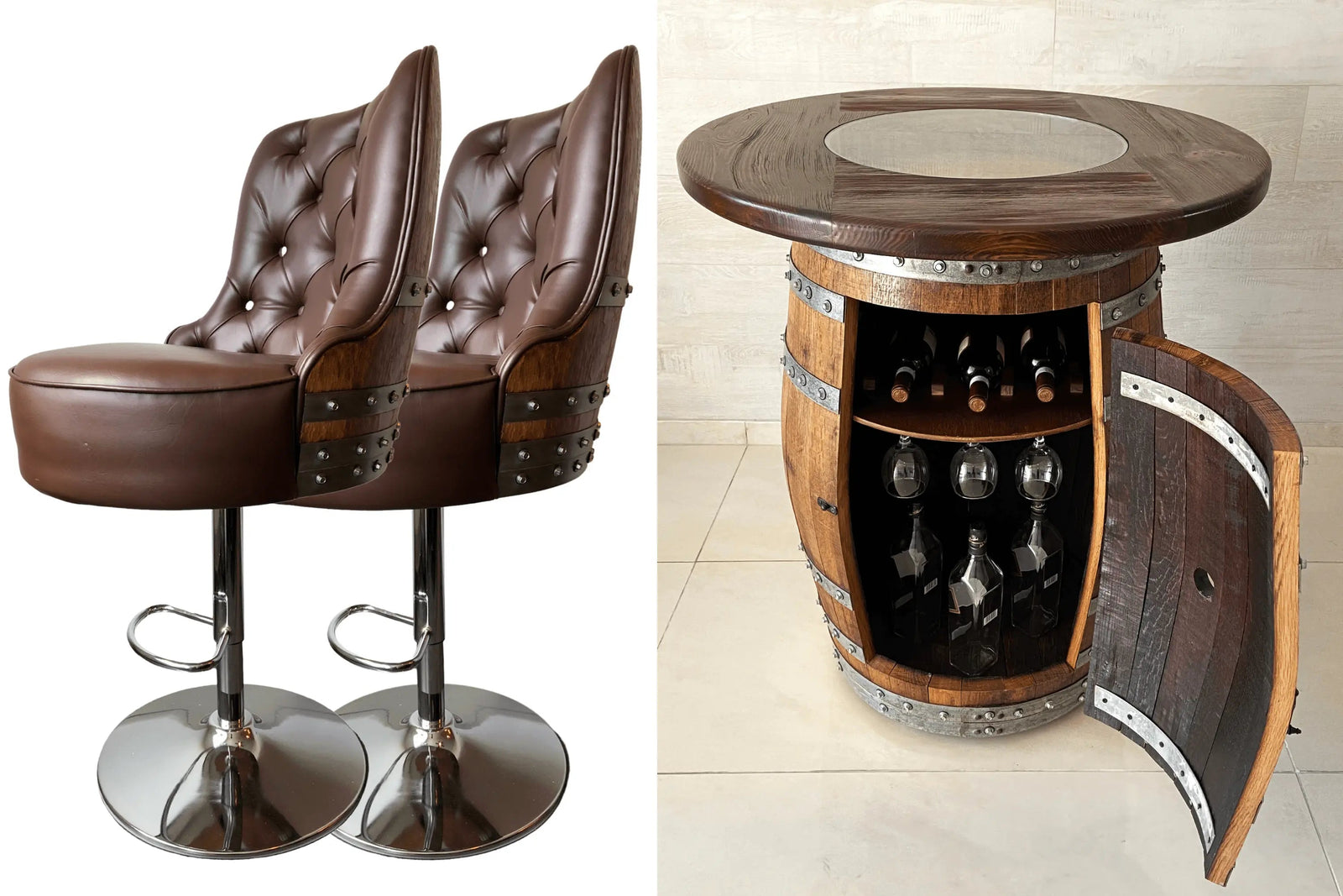Luxury Wine Barrel Bar Set w/ Pub Table & Wine Barrel Bar Stools - Multi-Use Wine and Whiskey Home Bar Furniture