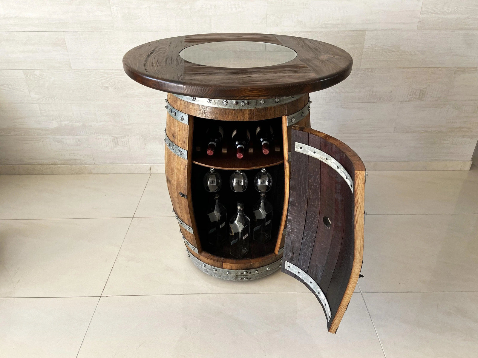 Luxury Wine Barrel Bar Set w/ Pub Table & Wine Barrel Bar Stools - Multi-Use Wine and Whiskey Home Bar Furniture