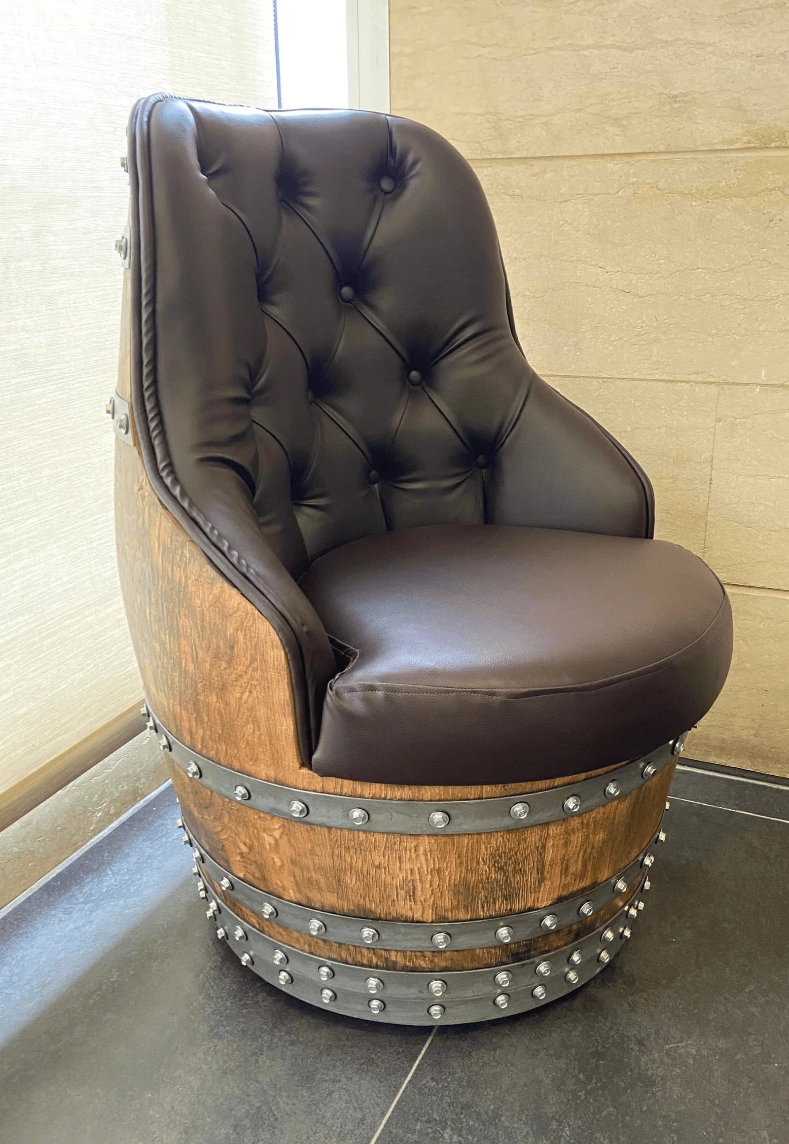 Luxury Captain Barrel Chair, Handmade Wine and Whiskey Barrel Chair, Hidden Storage, Memory Foam Upholstery, Movable On Casters