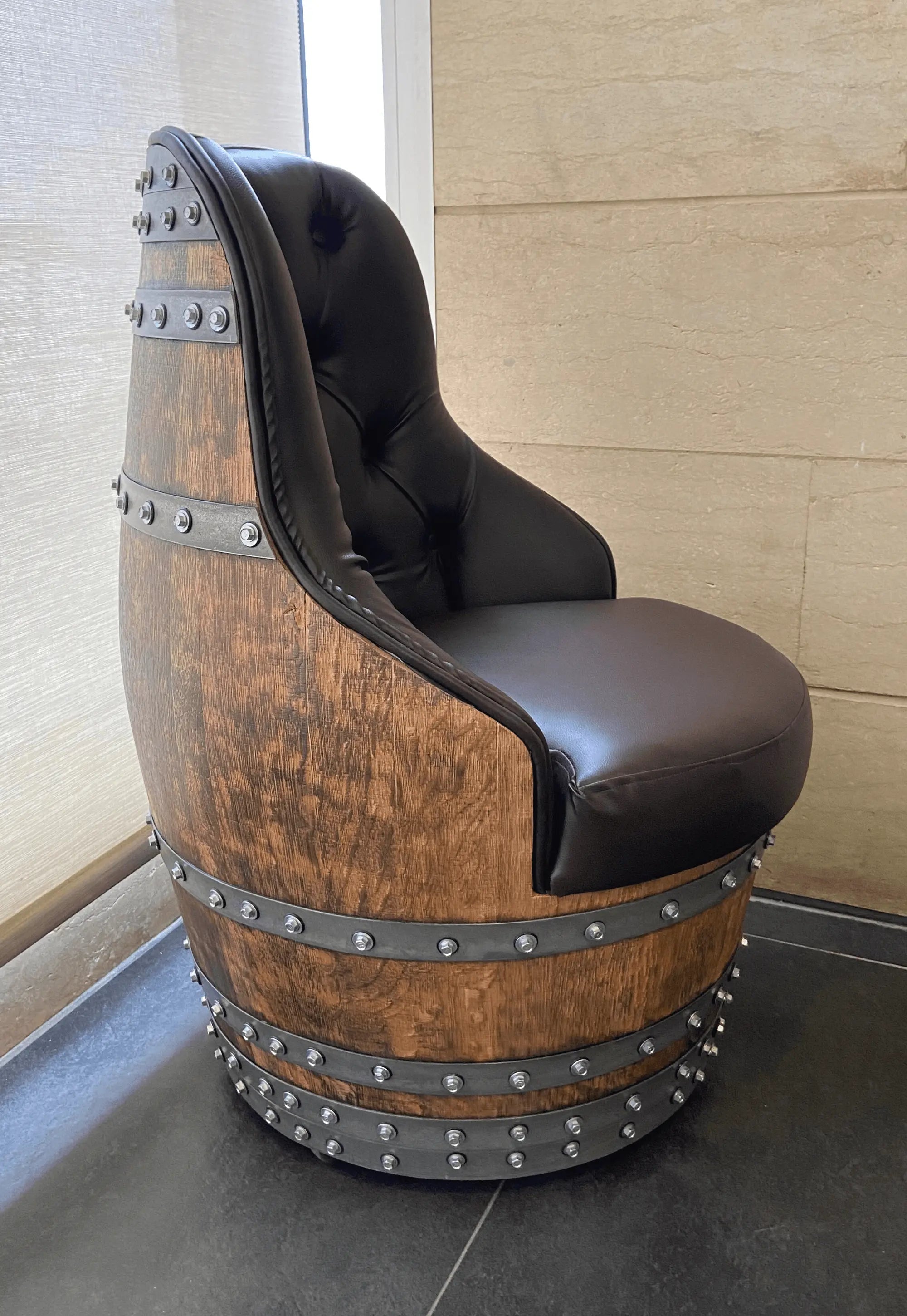 Luxury Captain Barrel Chair, Handmade Wine and Whiskey Barrel Chair, Hidden Storage, Memory Foam Upholstery, Movable On Casters